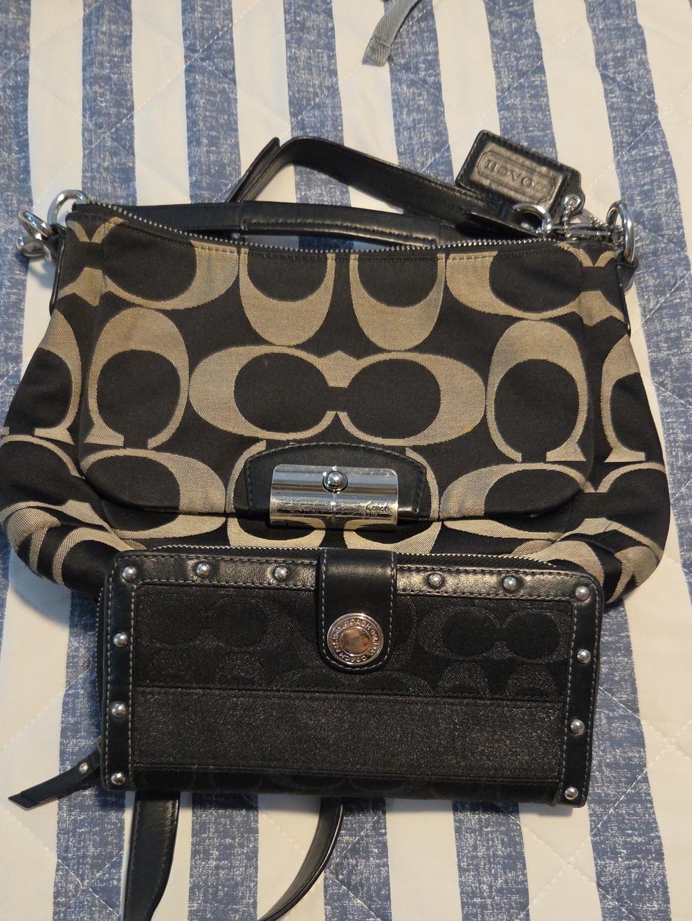 Coach Black and Tan Signature Canvas Hobo with Matching Wallet